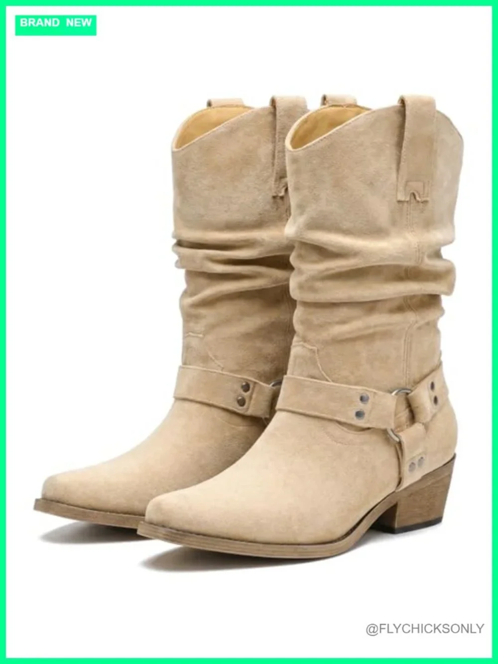 Faux Suede Cowboy Boots Women Mid Calf Slouchy Pointed Toe Western